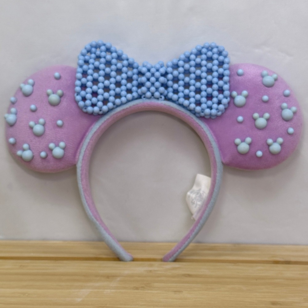 Disney Parks Pink with Mickey Icons Blue Beaded Bow Minnie Mouse Ears Headband
